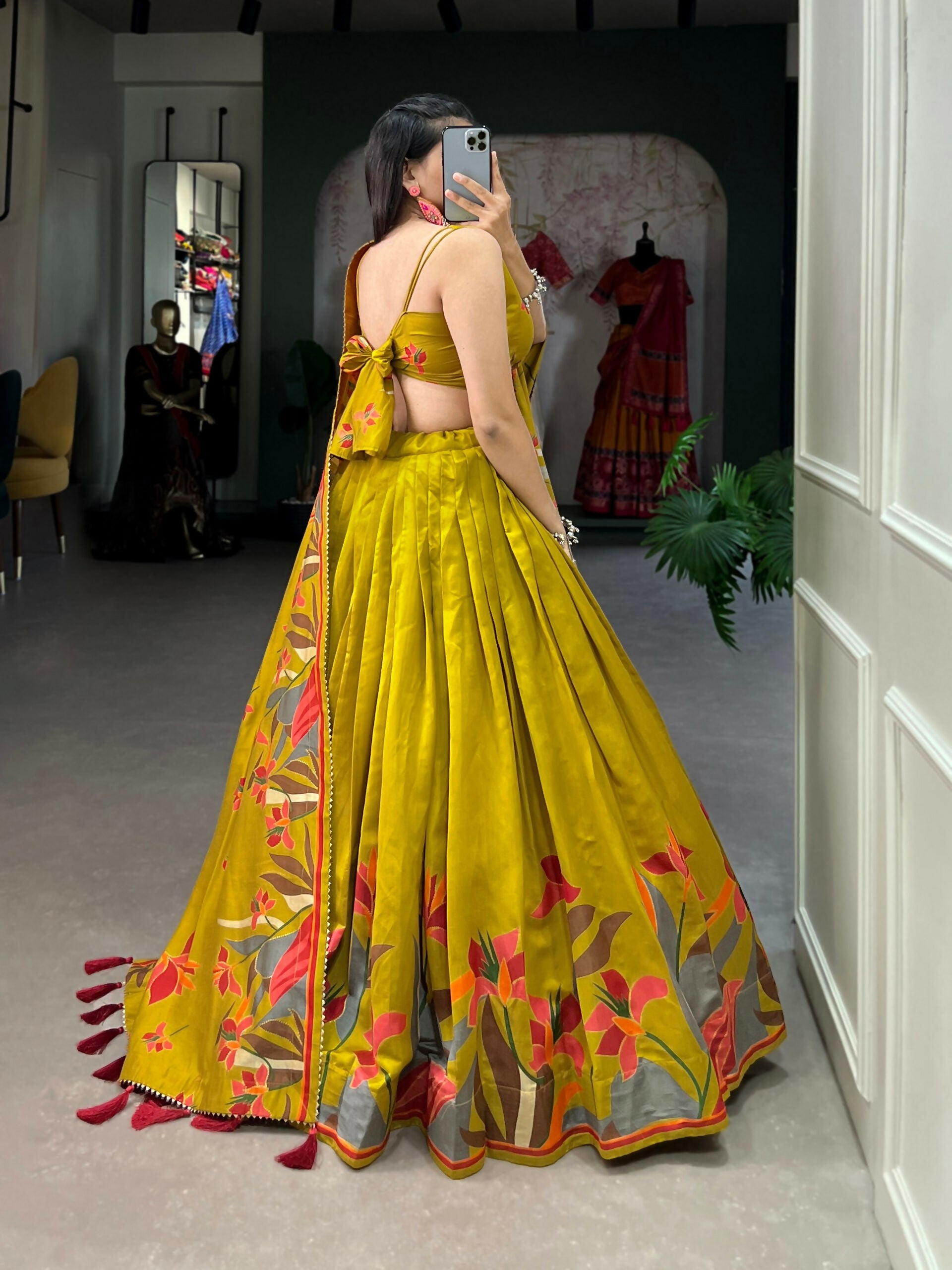 Vastranavya Polyester Viscose Chanderi Lehenga Choli With Intricate Print And Dupatta - Mustard - Distacart