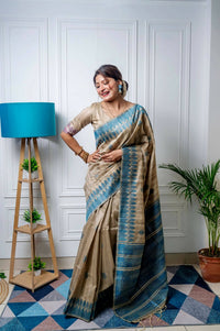 Thumbnail for Aastha Fashion Blue Thread Woven Handloom Tussar Silk Saree with Blouse - Distacart