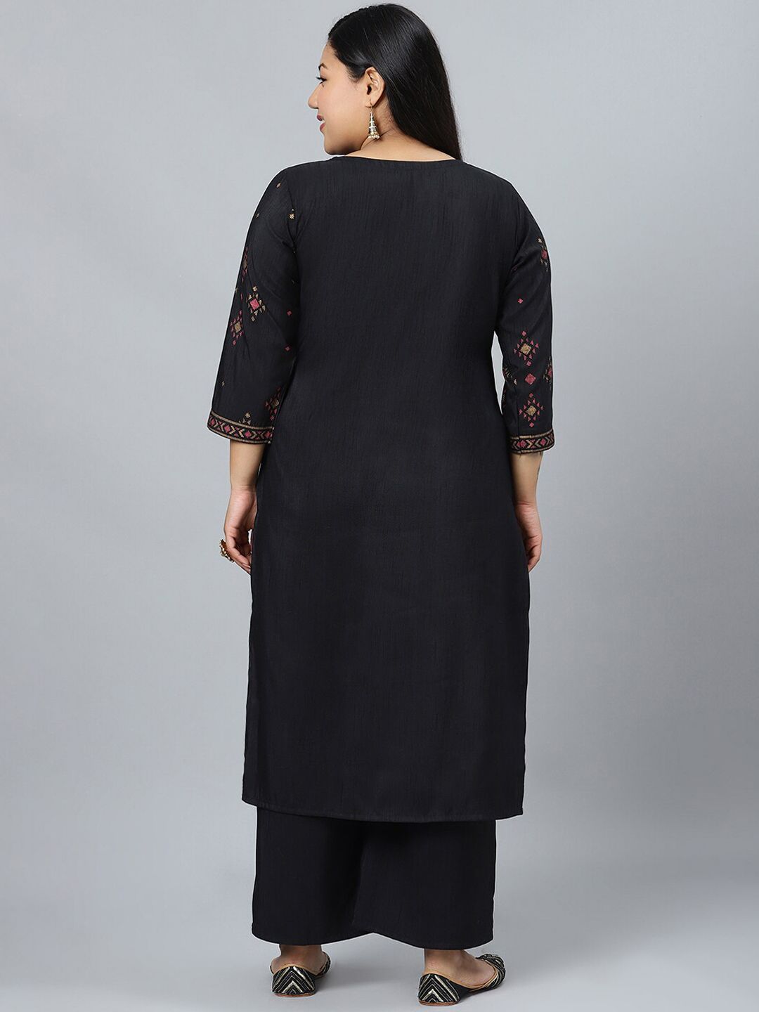 Sztori Plus Size Black Printed Keyhole Neck Straight Kurta with Palazzos - Distacart