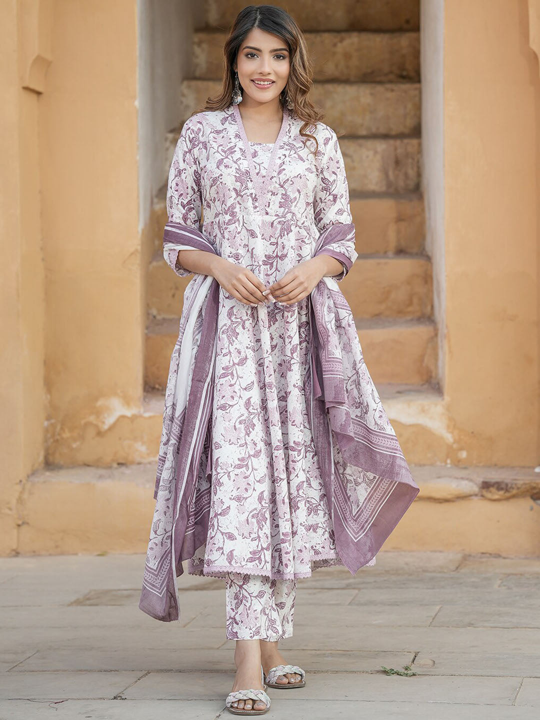 Kalini Floral Printed V-Neck Thread Work Anarkali Cotton Kurta with Trousers & Dupatta - Distacart