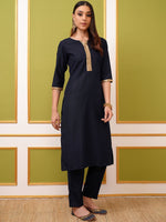 Thumbnail for Vishudh Navy Blue & Gold Toned Round Neck Regular Kurta with Trousers & With Dupatta - Distacart