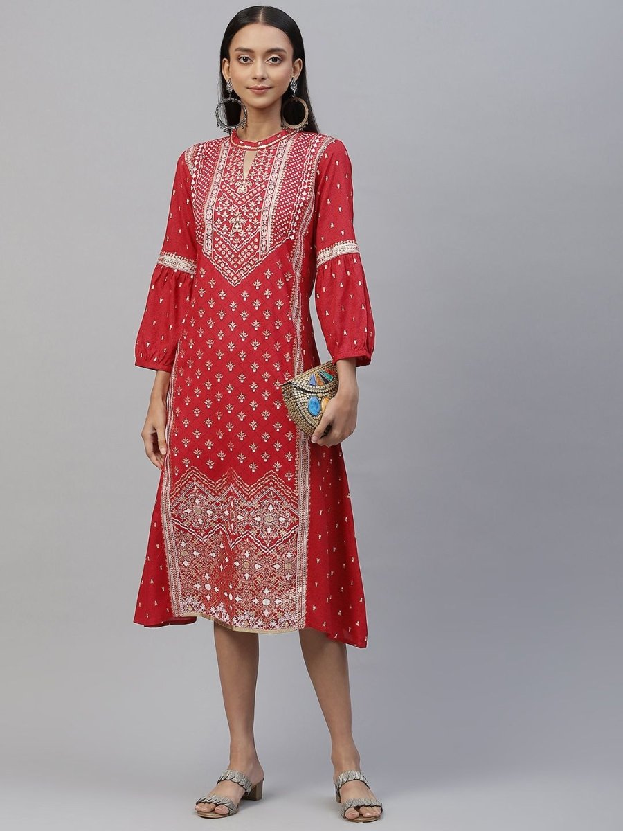 AURELIA Women Red & Golden Ethnic Motifs A-Line Midi Ethnic Dress