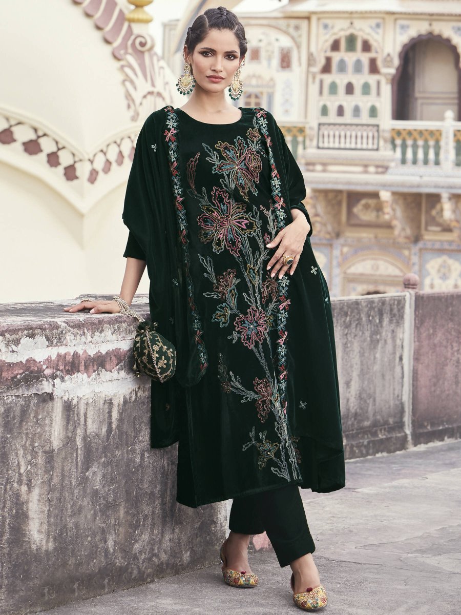 Aastha Fashion Women's Green Velvet Resham Thread with Jari & Sequin Kurta with Trouser & Dupatta - Distacart
