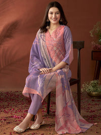 Thumbnail for Anouk Lavender Floral Embroidered Beads & Stones Linen Kurta with Trousers & Dupatta