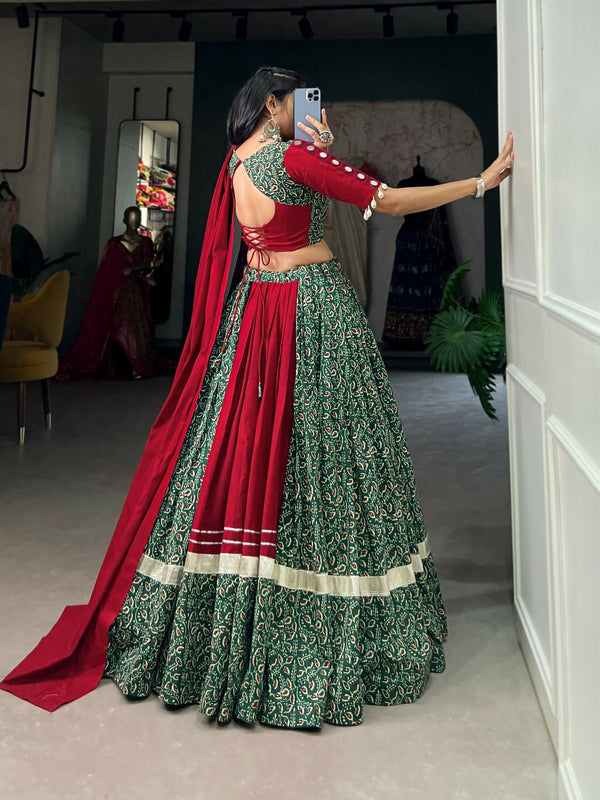 Vastranavya Navaratri Special Pure Cotton Printed With Gota Patti And Lace Touch Up Lehenga with Stitched Choli - Green - Distacart