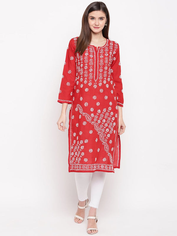 ADA Women Red & White Chikankari Hand Embroidered Straight Sustainable Kurta - Distacart