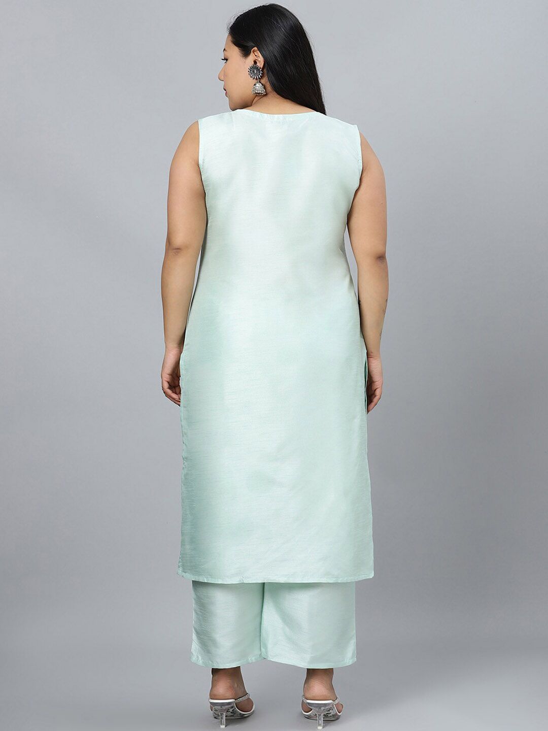 Sztori Plus Size Round Neck Sleeveless Art Silk Kurta With Palazzo & Jacket - Distacart