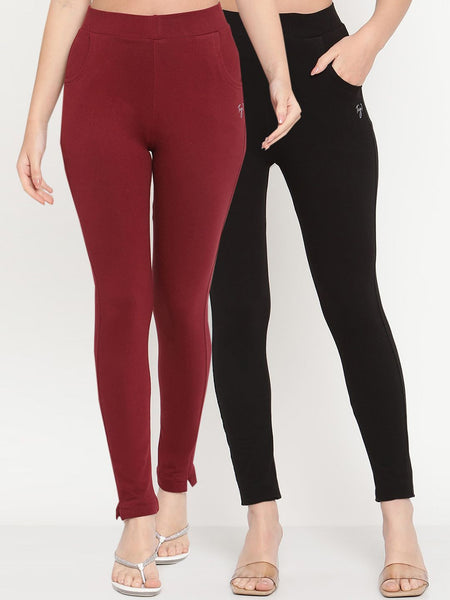 TAG 7 Set Of 2 Maroon & Black Solid Leggings - Distacart
