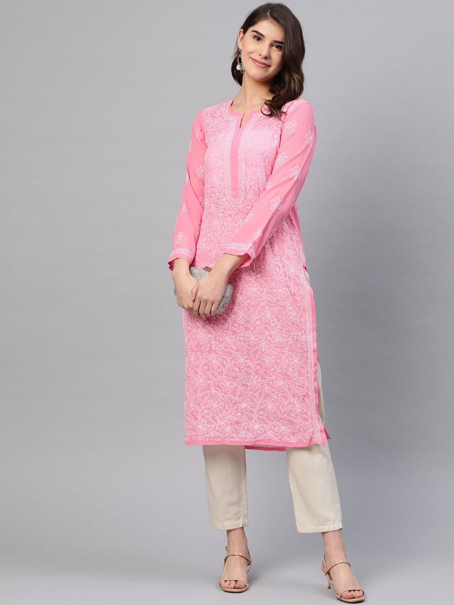 ADA Women Pink & White Chikankari Embroidered Straight Sustainable Handloom Kurta - Distacart