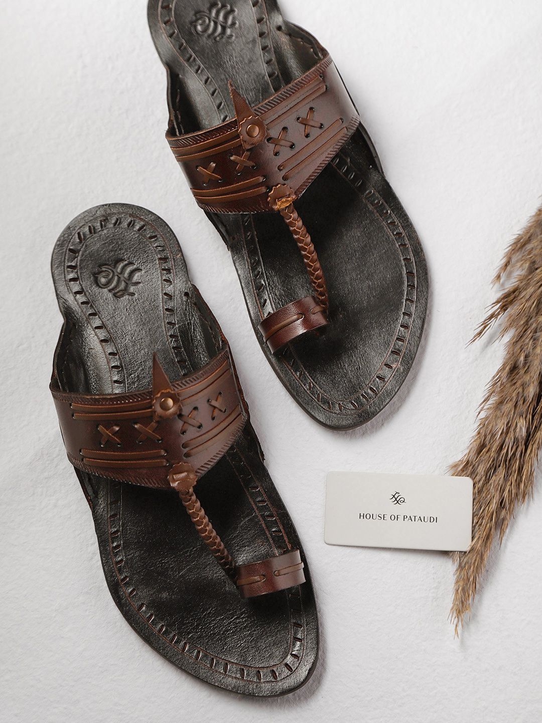 House of Pataudi Men Coffee Brown Handcrafted Leather One-Toe Sandals