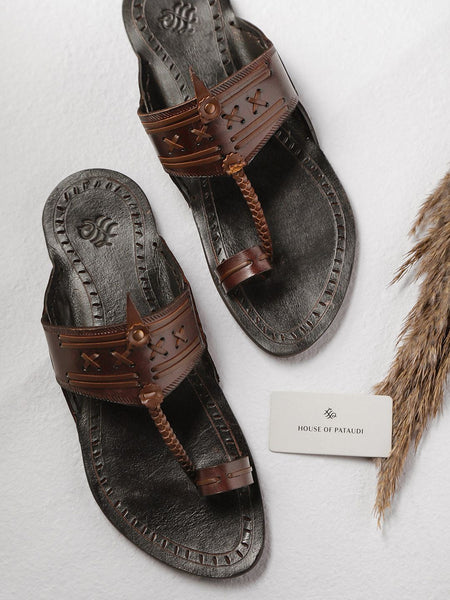 House of Pataudi Men Coffee Brown Handcrafted Leather One-Toe Sandals