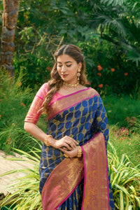 Thumbnail for Aastha Fashion Navy Blue Woven Kanchipuram Silk Saree with Blouse - Distacart