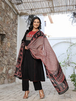 Thumbnail for Yufta Black Cotton A Line Gathered Or Pleated Kurta Dupatta Set - Distacart