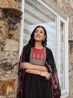 Thumbnail for Yufta Black Cotton A Line Gathered Or Pleated Kurta Dupatta Set - Distacart
