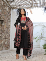 Thumbnail for Yufta Black Cotton A Line Gathered Or Pleated Kurta Dupatta Set - Distacart