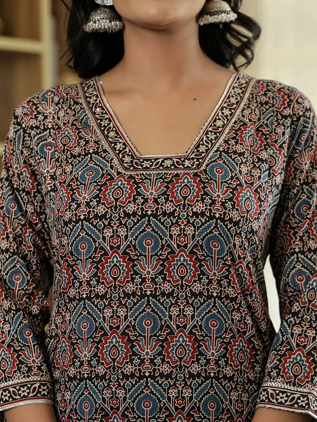 Yufta Black Ethnic Motifs A-Line Kurta Trouser Dupatta Set With Bucket Neck - Distacart