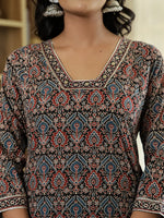 Thumbnail for Yufta Black Ethnic Motifs A-Line Kurta Trouser Dupatta Set With Bucket Neck - Distacart