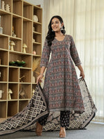 Thumbnail for Yufta Black Ethnic Motifs A-Line Kurta Trouser Dupatta Set With Bucket Neck - Distacart
