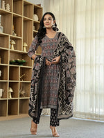 Thumbnail for Yufta Black Ethnic Motifs A-Line Kurta Trouser Dupatta Set With Bucket Neck - Distacart