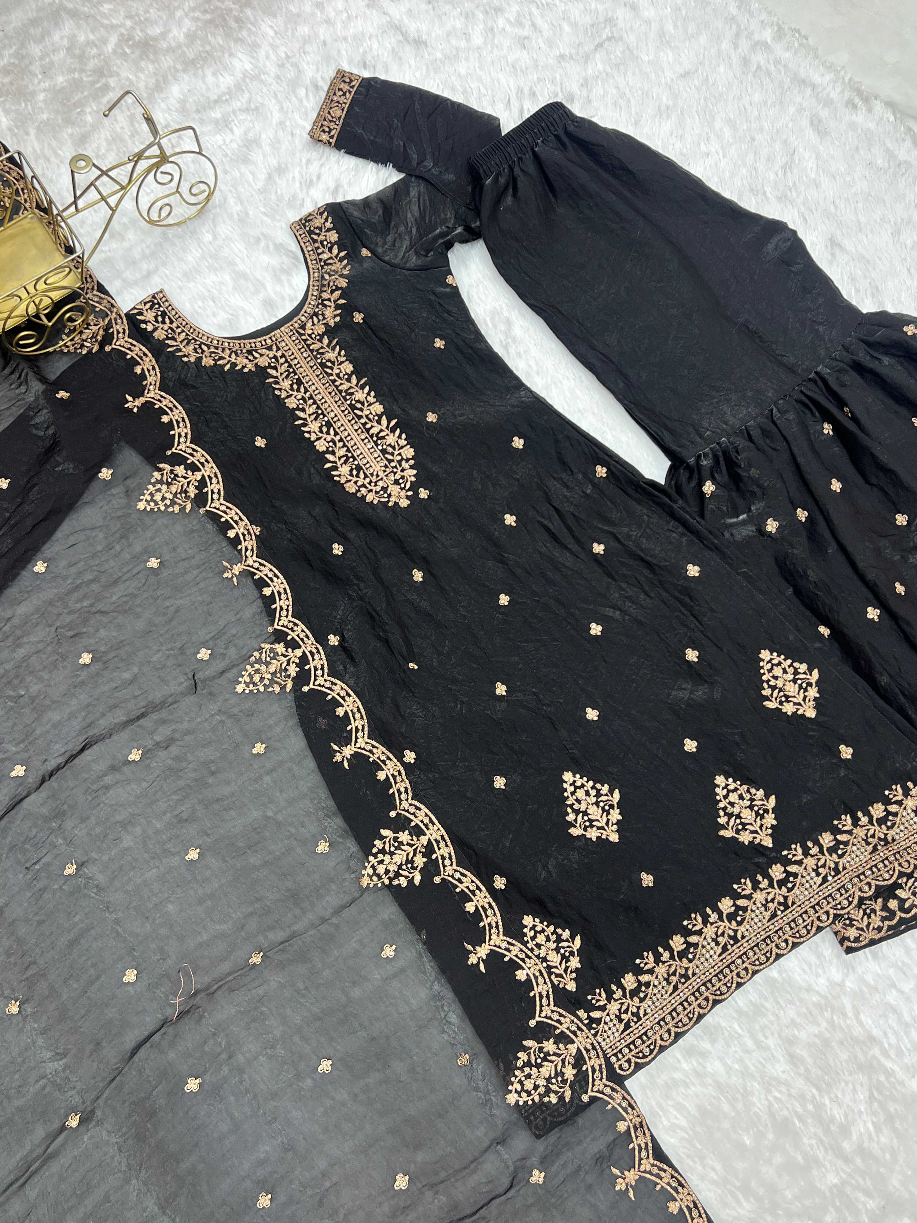 Evanik Black Pure Crunchy Silk With Sequence Embroidered Work Sharara Set