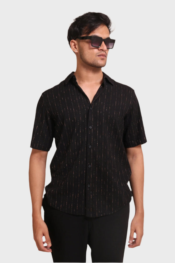 Xkind Black Golden Foil Stripes Slim Fit Shirt