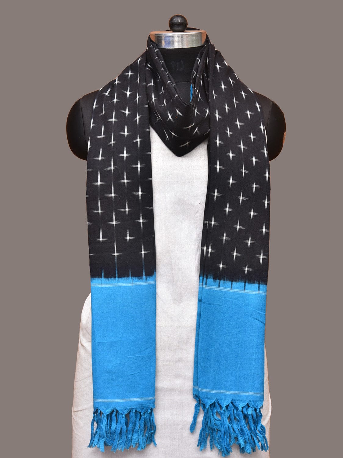 Blue and Black Pochampally Ikat Cotton Handloom Dupatta with Plus Buta Design - Global Threads - Distacart