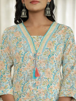 Thumbnail for Yufta Blue Pure Cotton Floral Print Kurta Dupatta Pant Set - Distacart