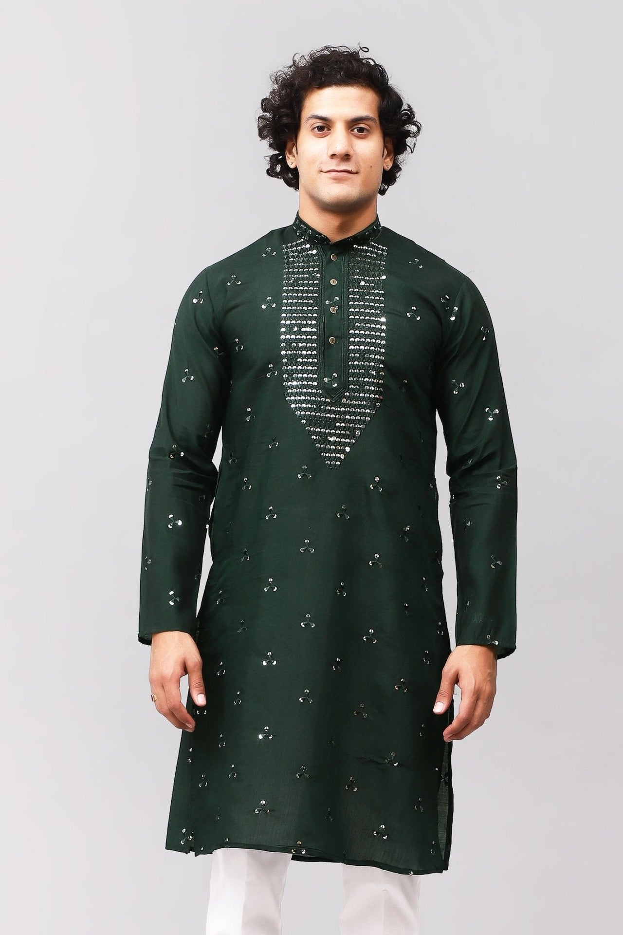 Bluesaanchi Men's Dark Green Kurta Set with Embroidery Motif