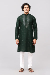 Thumbnail for Bluesaanchi Men's Dark Green Kurta Set with Embroidery Motif