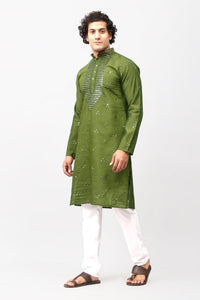 Thumbnail for Bluesaanchi Men's Mehandi Green Kurta Set with Embroidery Motif