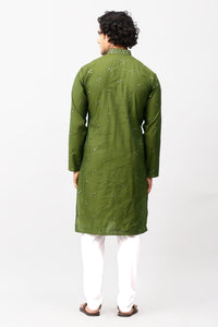 Thumbnail for Bluesaanchi Men's Mehandi Green Kurta Set with Embroidery Motif