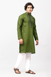 Thumbnail for Bluesaanchi Men's Mehandi Green Kurta Set with Embroidery Motif