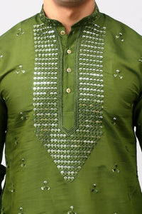 Thumbnail for Bluesaanchi Men's Mehandi Green Kurta Set with Embroidery Motif