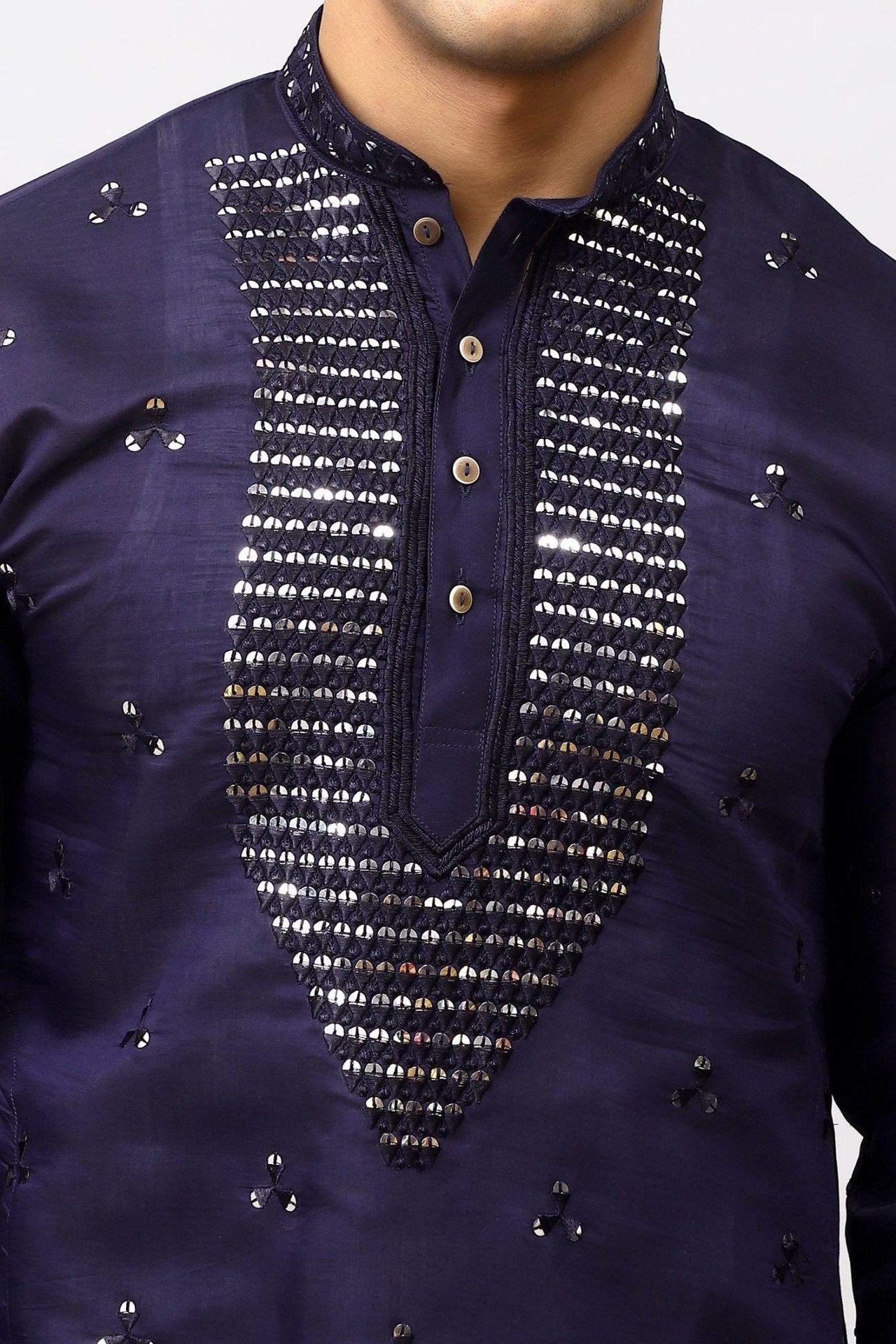 Bluesaanchi Men's Navy Blue Kurta Set with Embroidery Motif