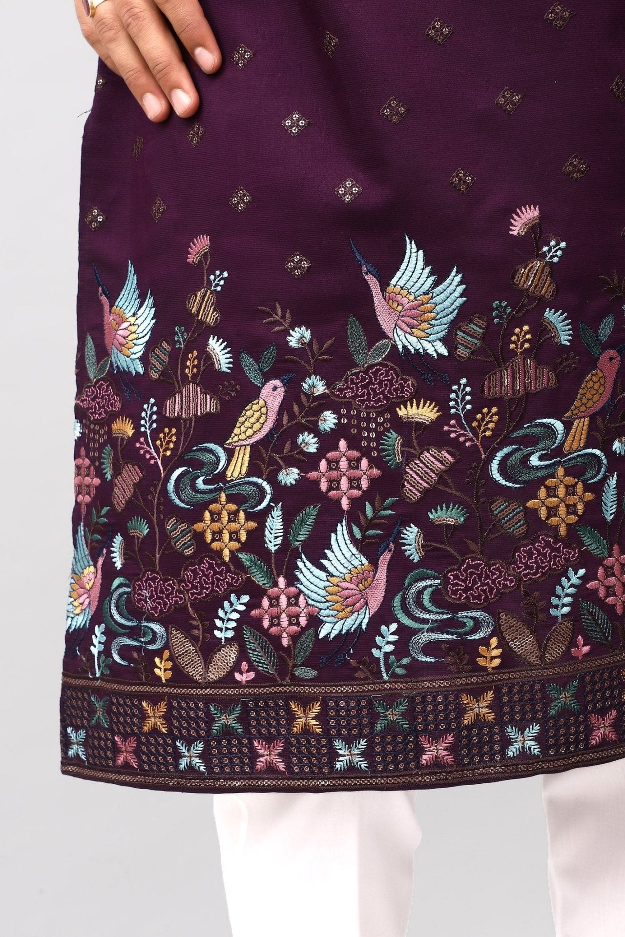 Bluesaanchi Phulkari Floral and Sequins Embroidered Kurta Set for Men Purple Color