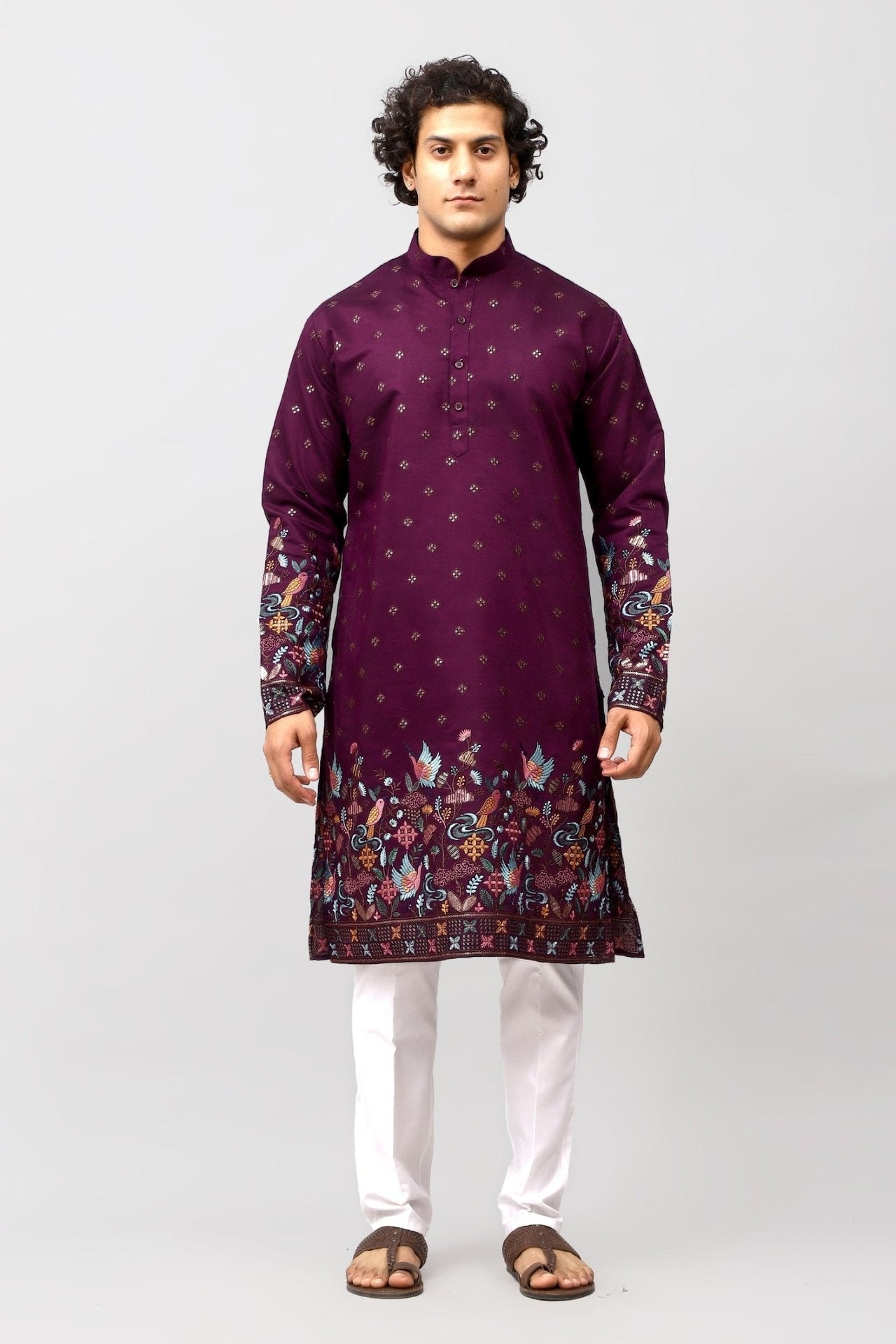 Bluesaanchi Phulkari Floral and Sequins Embroidered Kurta Set for Men Purple Color