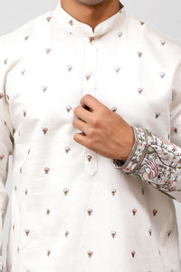 Thumbnail for Bluesaanchi Phulkari Floral and Sequins Embroidered Kurta Set for Men White