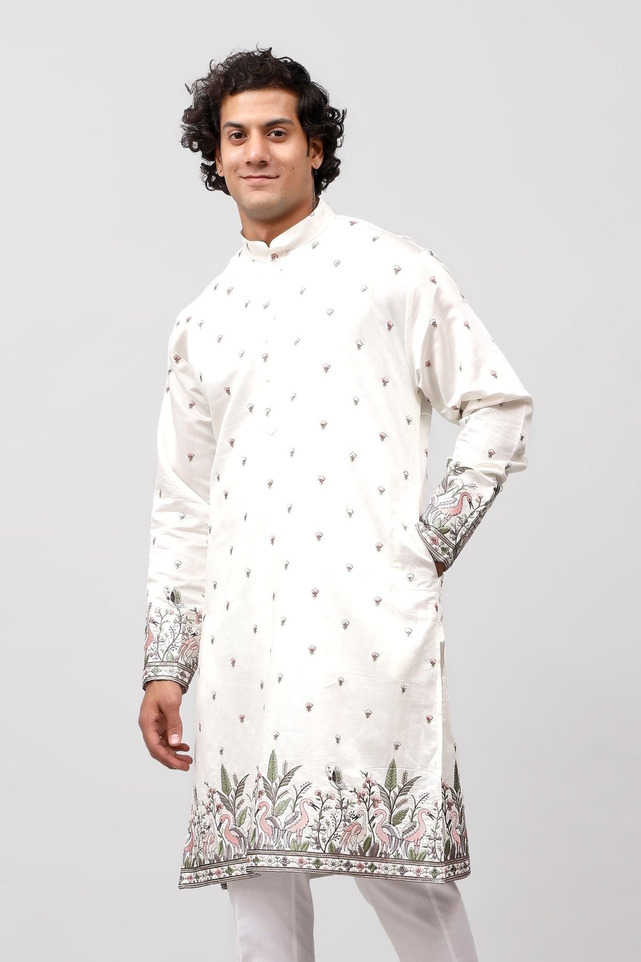 Bluesaanchi Phulkari Floral and Sequins Embroidered Kurta Set for Men White