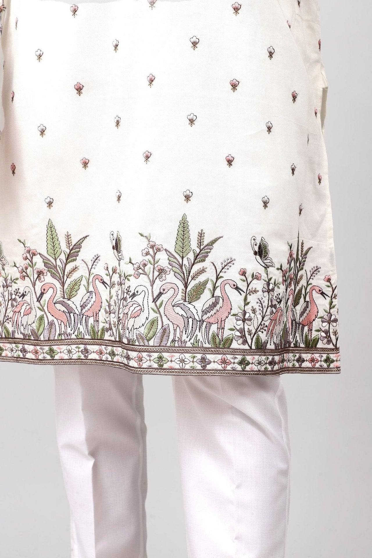 Bluesaanchi Phulkari Floral and Sequins Embroidered Kurta Set for Men White
