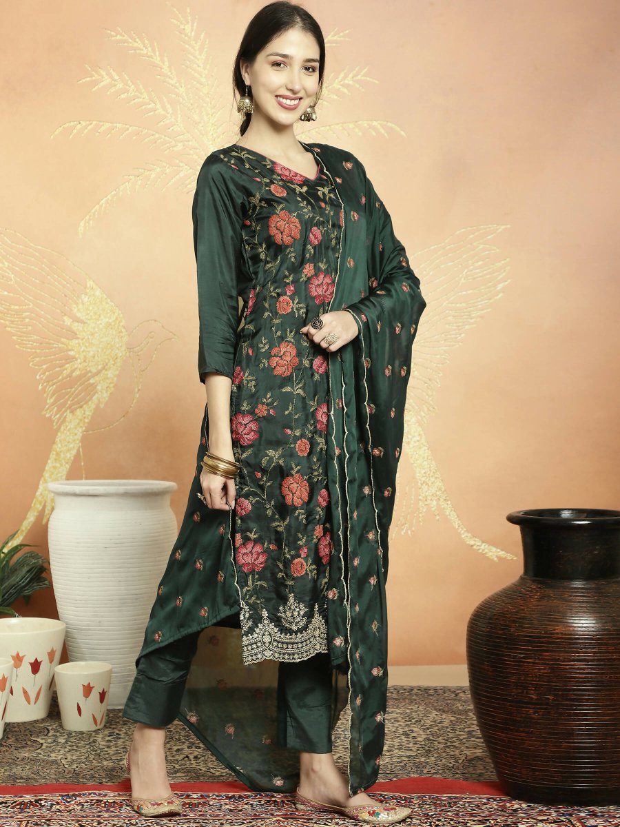 Aastha Fashion Women's Green Upada Silk Floral Resham Thread Kurta with Trouser & Dupatta - Distacart