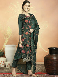 Thumbnail for Aastha Fashion Women's Green Upada Silk Floral Resham Thread Kurta with Trouser & Dupatta - Distacart