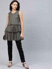 Thumbnail for Ahalyaa Women Grey Chiffon Silver Glitter Printed Tiered Tunic