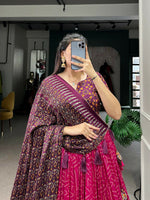 Thumbnail for Vastranavya Bandhej And Ajarakh Print Tussar Silk Lehenga Choli - Pink - Distacart