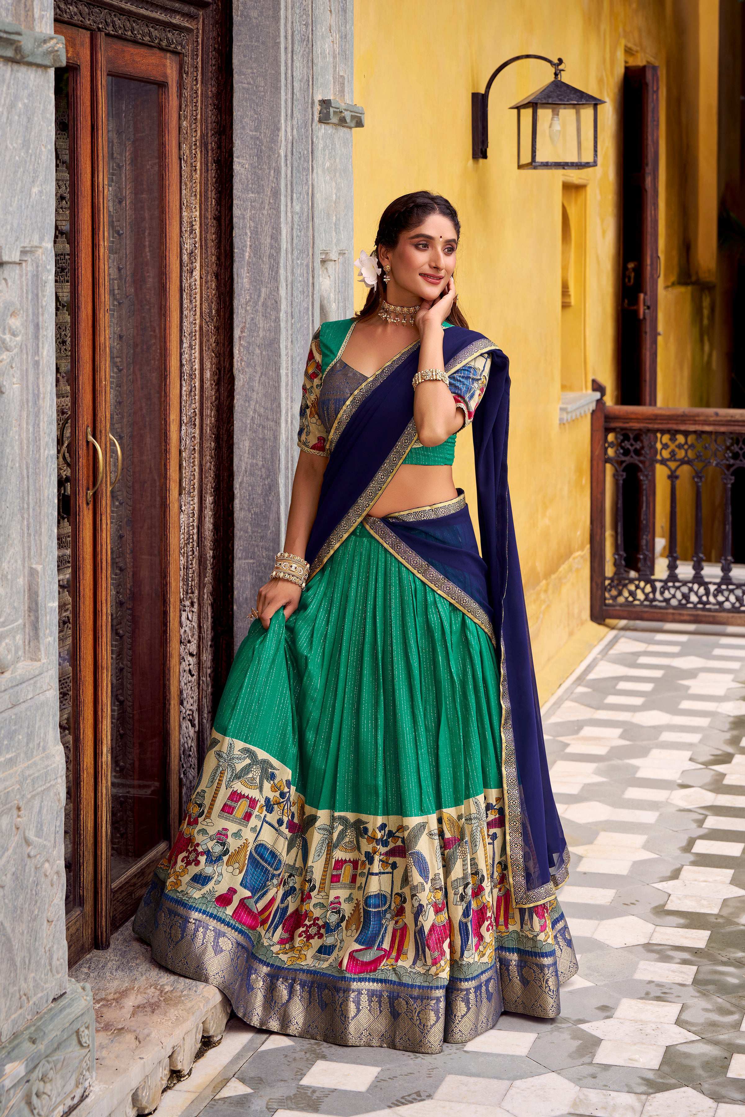 Evanik Bottlegreen South Style Kalamkari Print Design Zari Work Unstitched Lehenga Choli