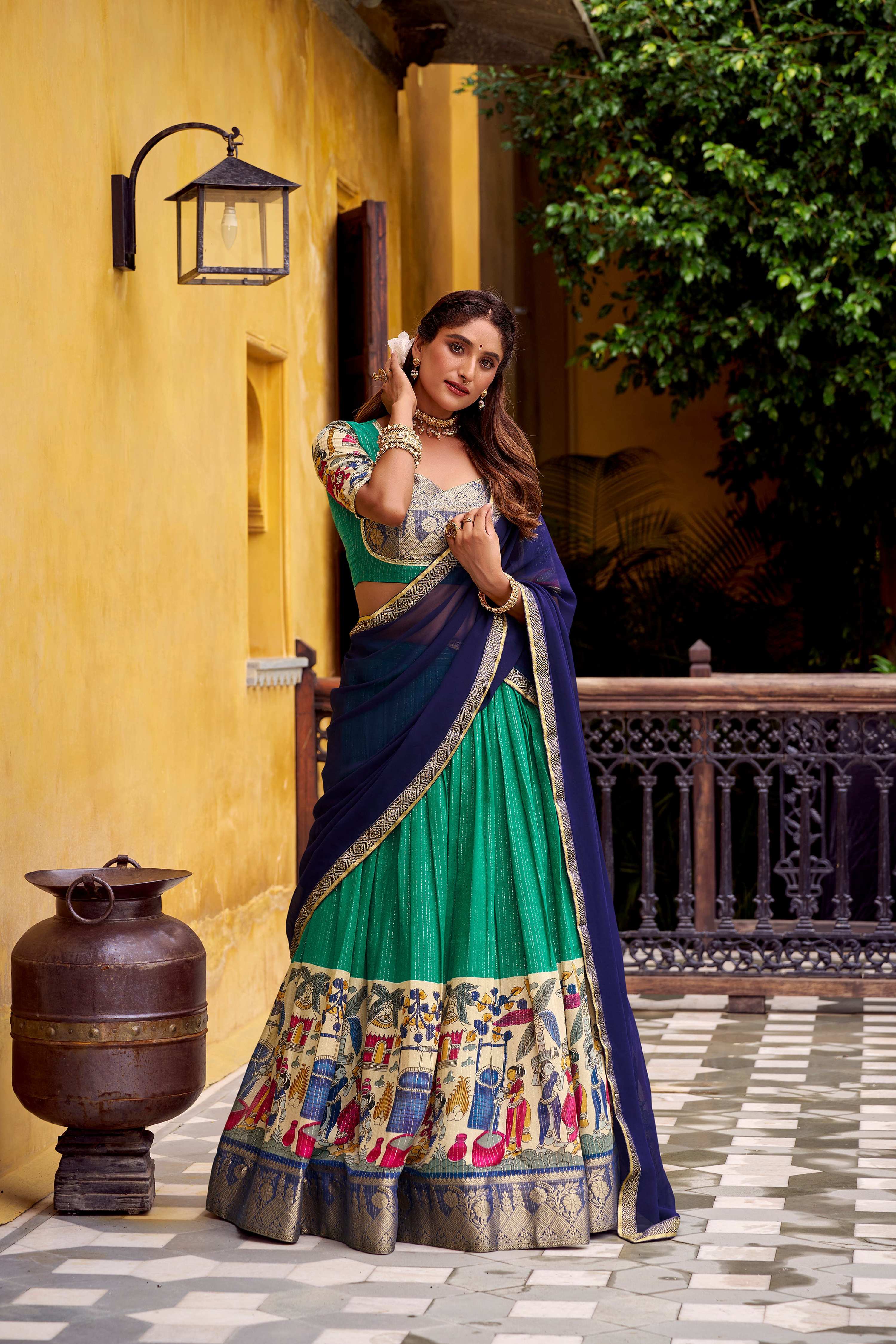 Evanik Bottlegreen South Style Kalamkari Print Design Zari Work Unstitched Lehenga Choli
