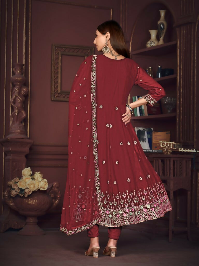 Jyoti Fashion Women's Maroon Georgette Embroidered Anarkali Kurta Pant Set With Dupatta