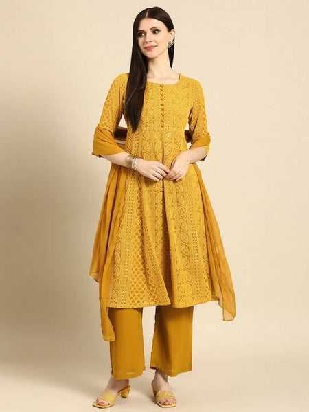 Anouk Women Mustard Yellow Ethnic Motifs Embroidered Sequinned Kurta Set - Distacart
