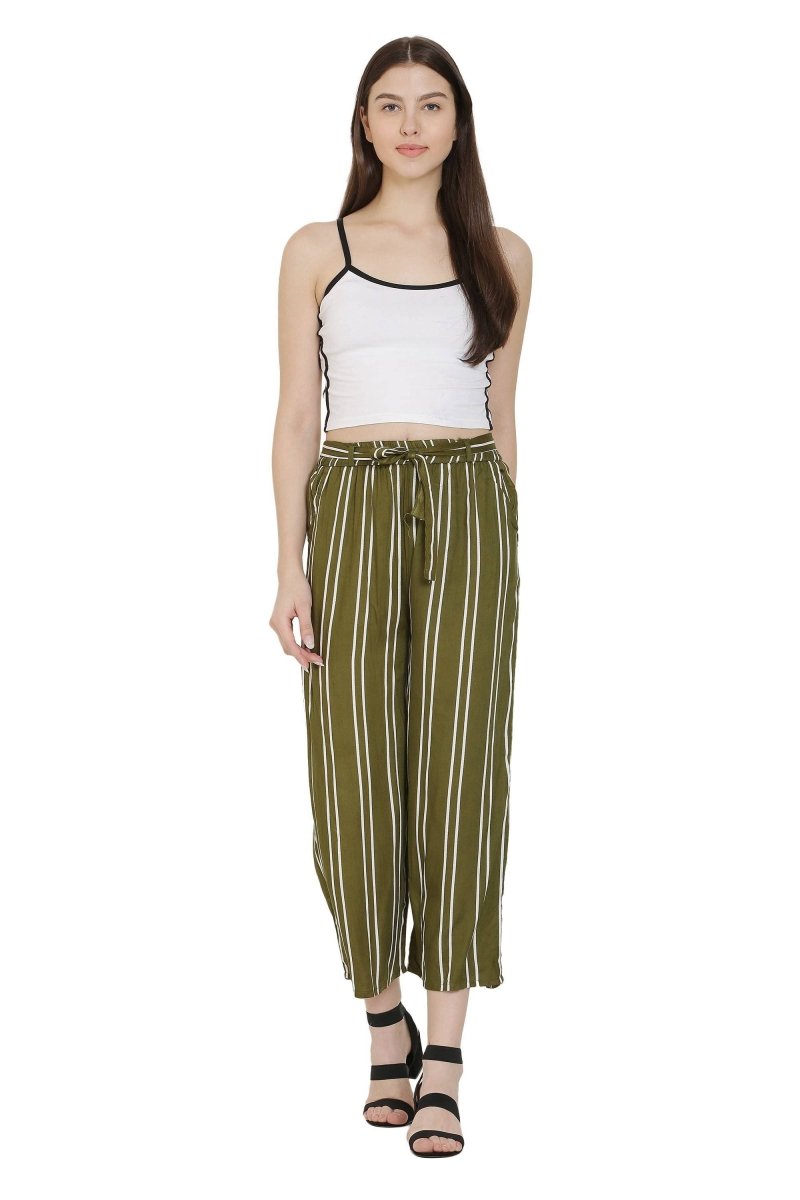 Asmaani Olive Green Color Rayon Fabric Stripped Palazzo