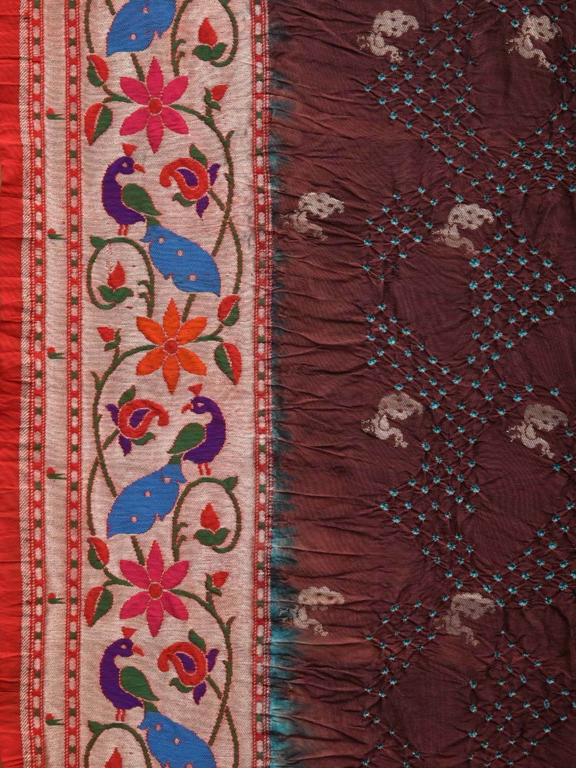 Brown Bandhani Paithani Silk Handloom Saree with Peacocks Border and Pallu Design - Global Threads - Distacart