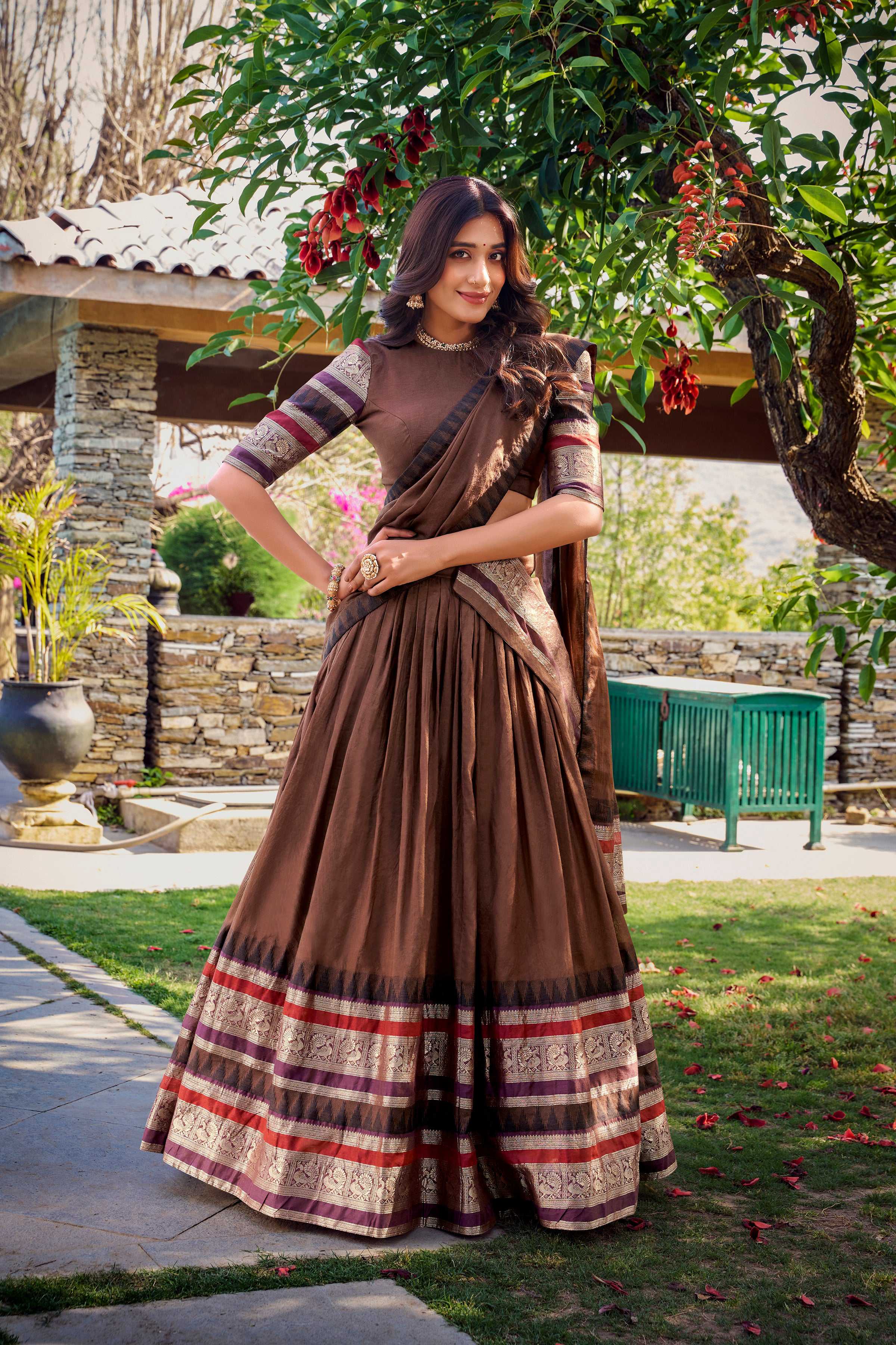 Evanik Women Pure Chanderi Plain With Zari Weaving Work Border Stitched Lehenga With Unstitched Blouse Dupatta(Up to 42)